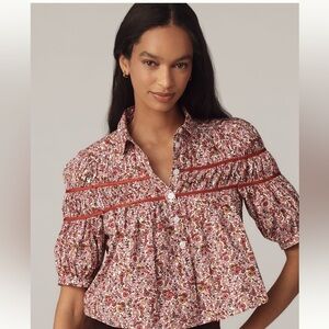 Anthropologie Maeve The Leandra Shirred Yoke Blouse Pink Floral
